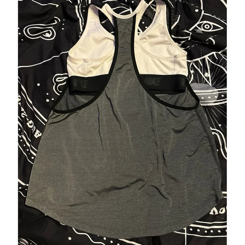 Nike Dri-FIT Grey/White/Black Loose‎ Active Tank Over Sports Bra, Medium